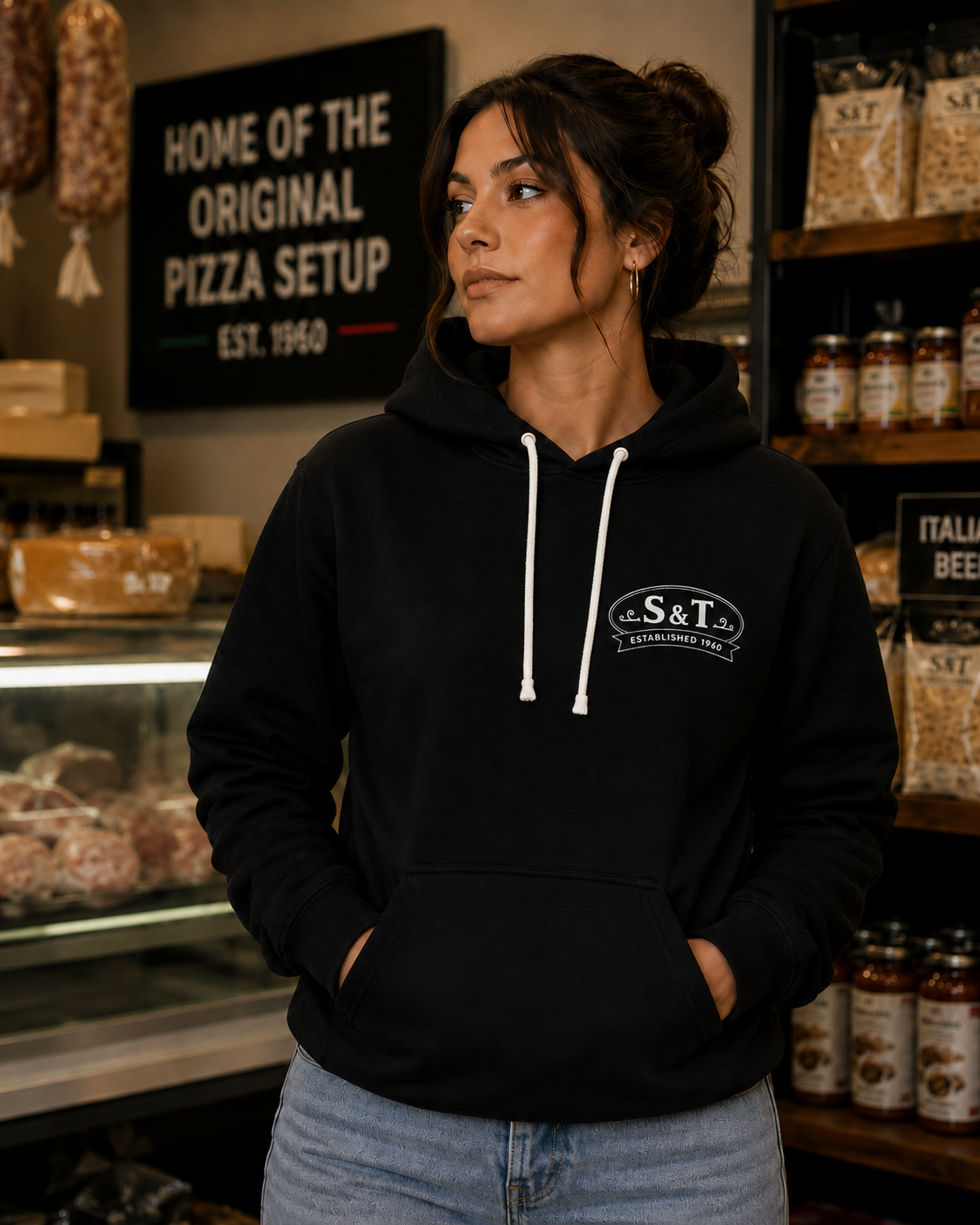 S&T Provisions small white logo on black hoodie