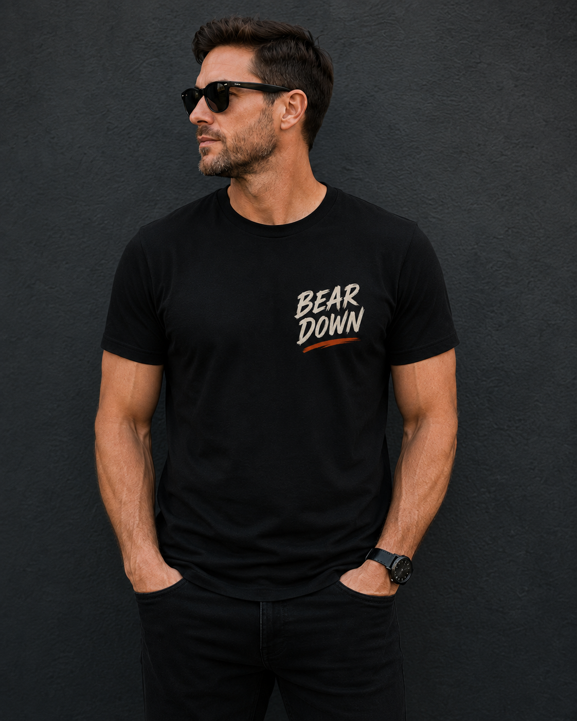 Bear down cream and orange on navy blue shirt