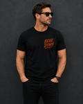 Bear Down, orange print on navy blue shirt