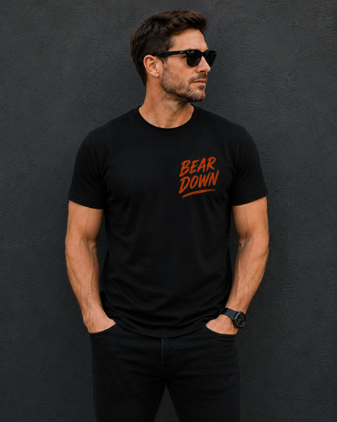 Bear Down, orange print on navy blue shirt