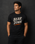 Bear Down Cream and orange on navy blue shirt