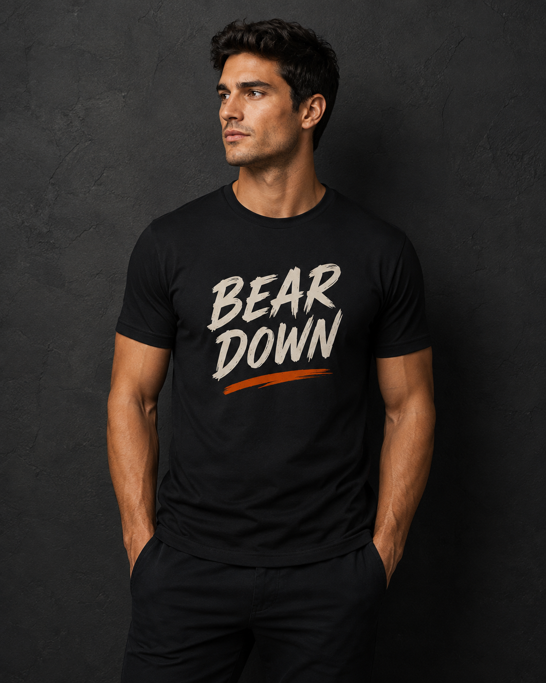 Bear Down Cream and orange on navy blue shirt