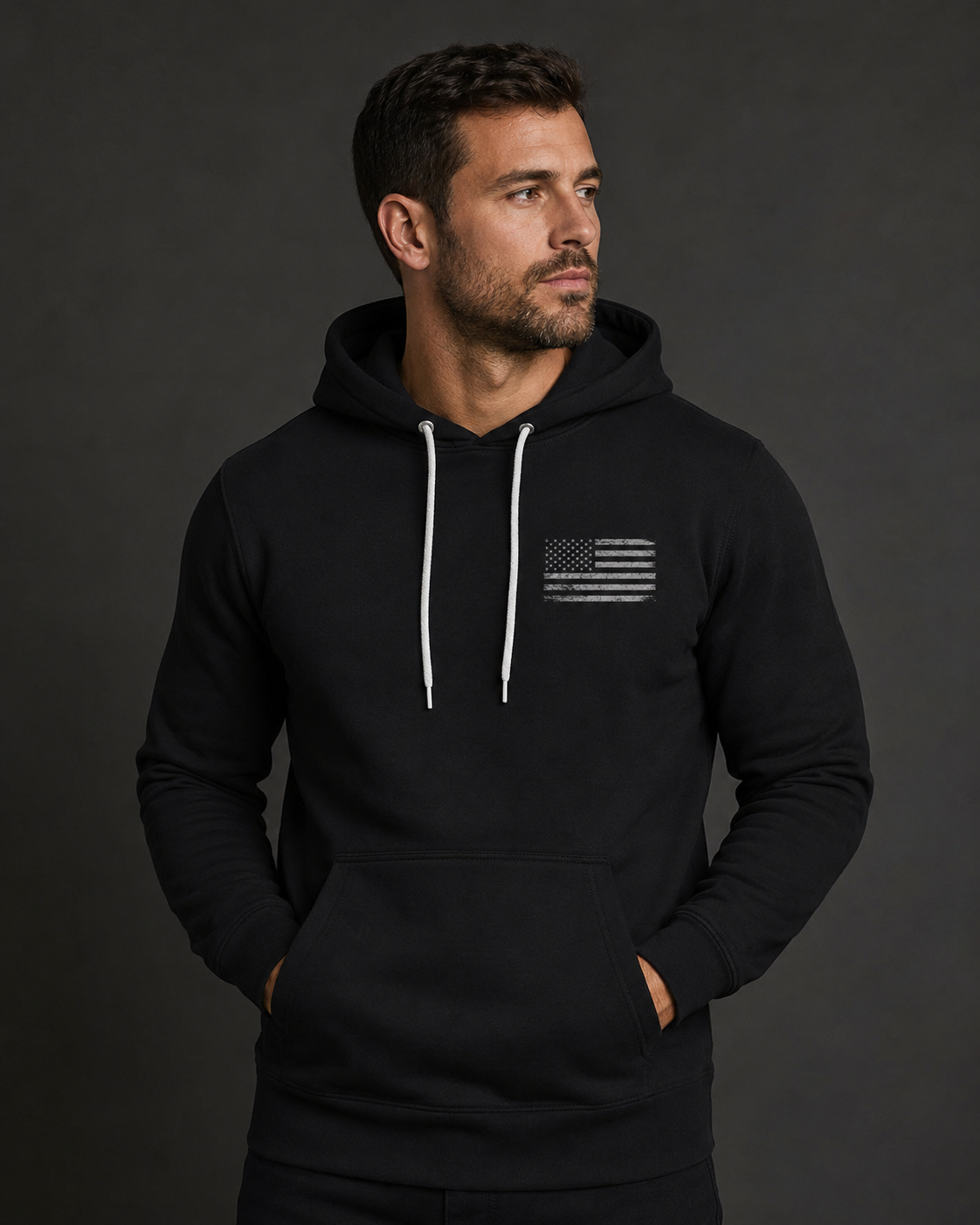 Blacked out small flag on black hoodie