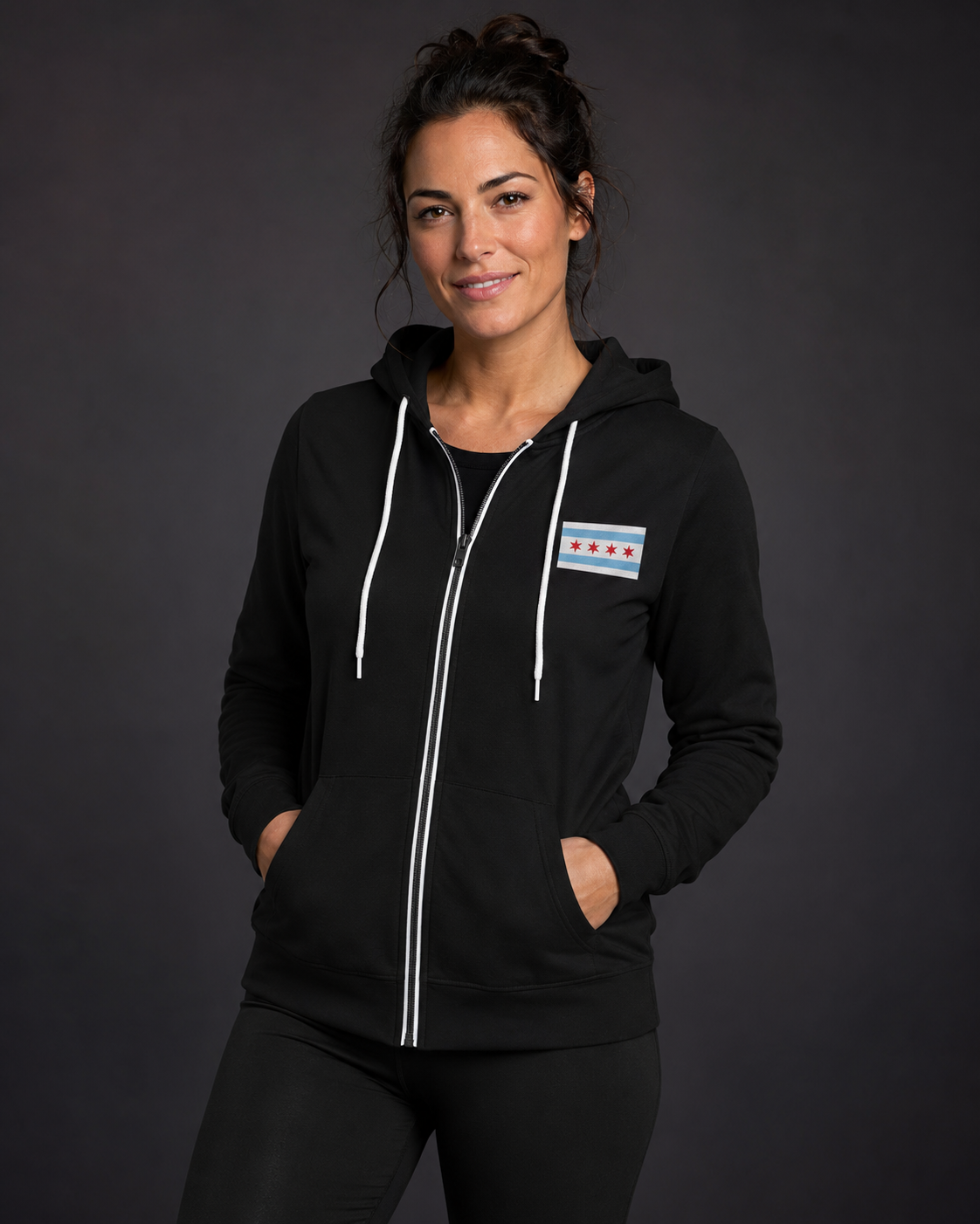 Chicago small flag zipup on black hoodie